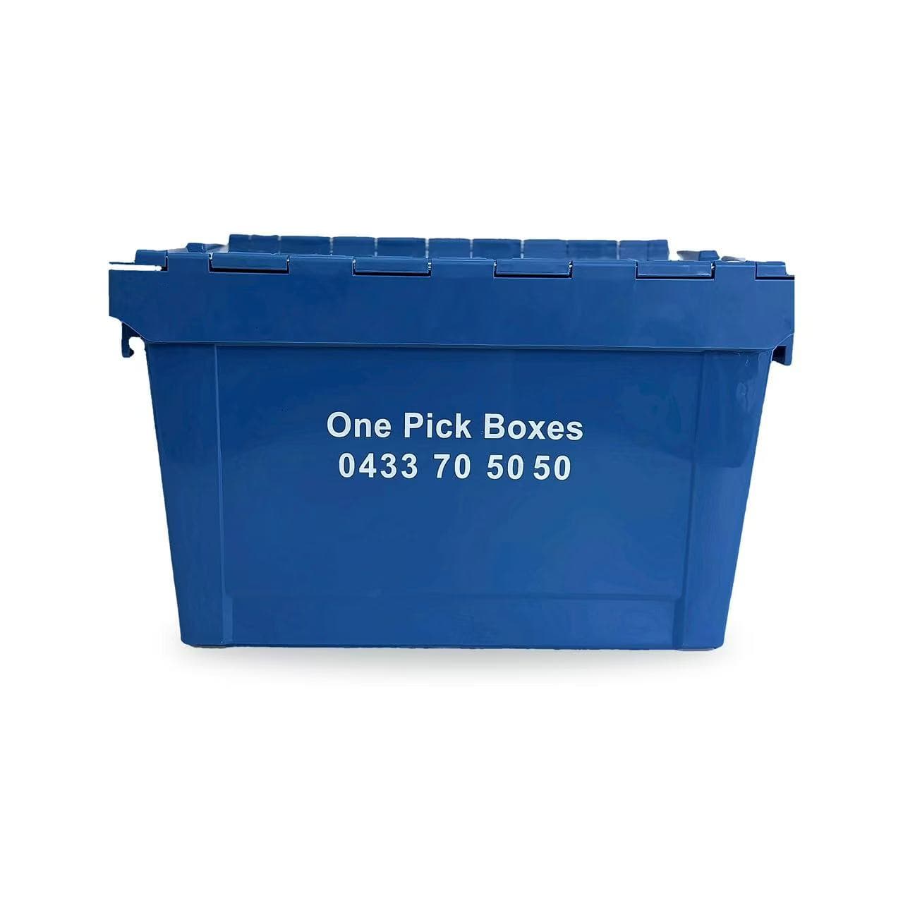 Blue OnePickBoxes crate with contact number